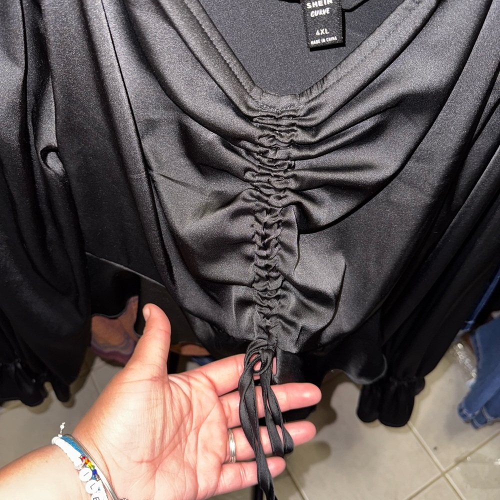 Shein Black Ruched Satin Blouse